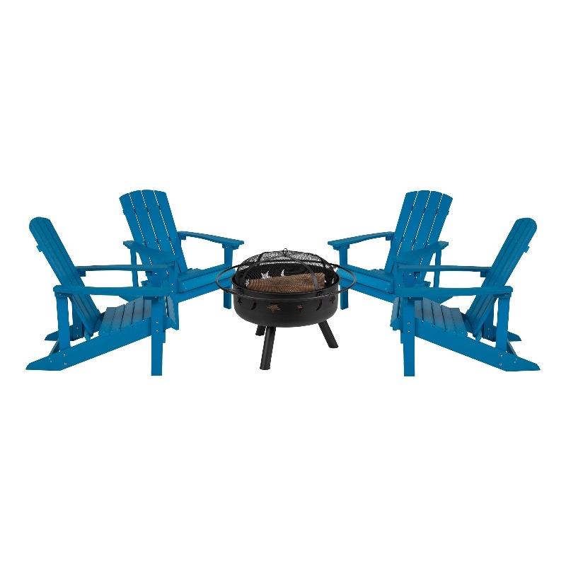 Pemberly Row Star and Moon Fire Pit with Cover and 4 Blue Adirondack Chairs