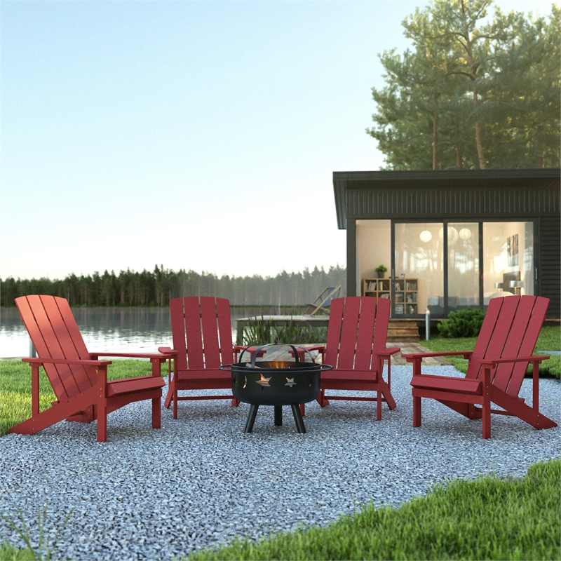 Pemberly Row Star and Moon Fire Pit with Cover and 4 Red Adirondack Chairs