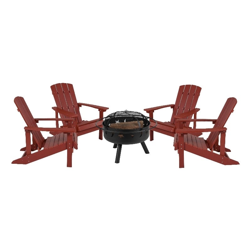 Pemberly Row Star and Moon Fire Pit with Cover and 4 Red Adirondack Chairs