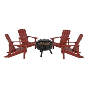 Pemberly Row Star and Moon Fire Pit with Cover and 4 Red Adirondack Chairs