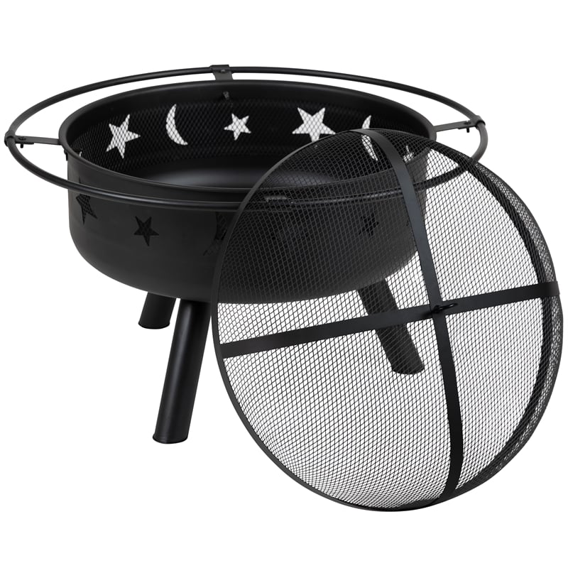 Pemberly Row Star and Moon Fire Pit with Cover and 4 Red Adirondack Chairs