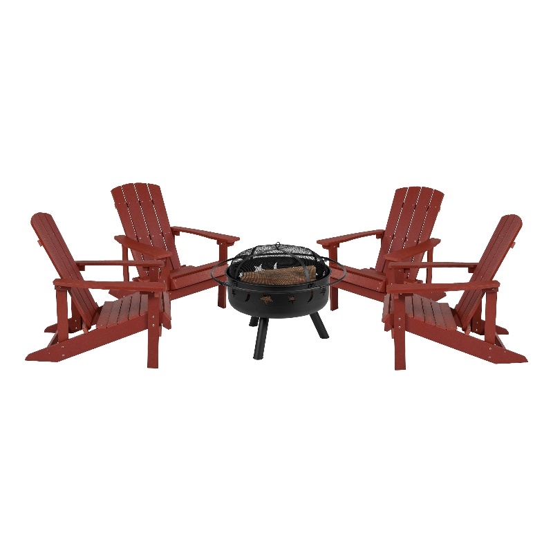 Pemberly Row Star and Moon Fire Pit with Cover and 4 Red Adirondack Chairs