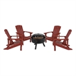 Pemberly Row Star and Moon Fire Pit with Cover and 4 Red Adirondack Chairs