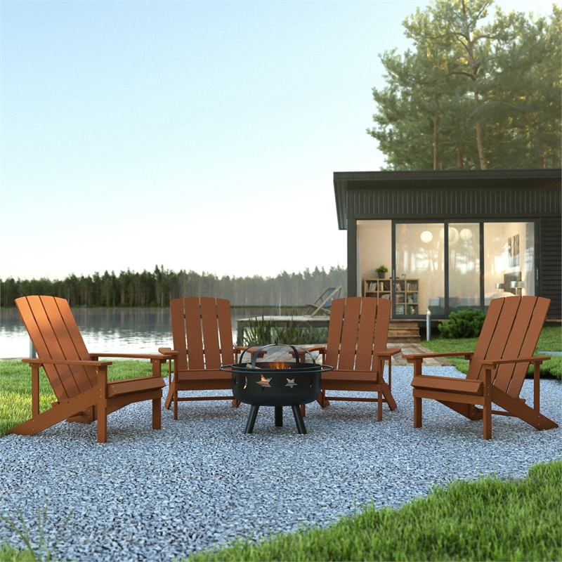 Pemberly Row Star and Moon Fire Pit with Cover and 4 Teak Adirondack Chairs