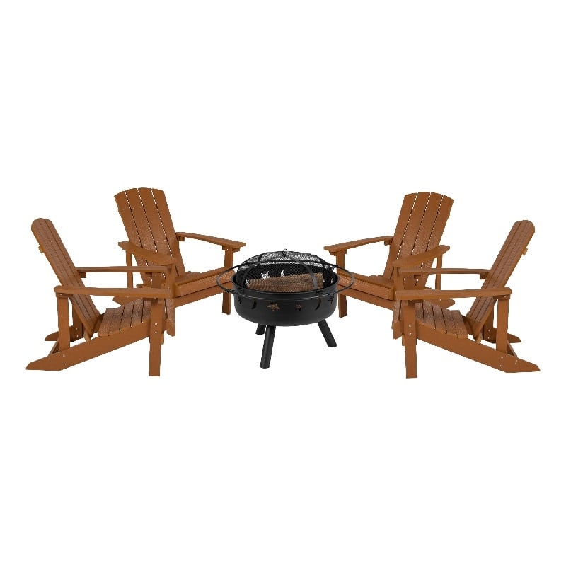 Pemberly Row Star and Moon Fire Pit with Cover and 4 Teak Adirondack Chairs