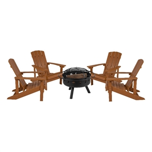 Pemberly Row Star and Moon Fire Pit with Cover and 4 Teak Adirondack Chairs