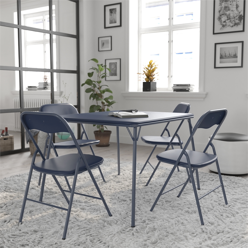 Pemberly Row 5 Piece Folding Card Table & Chair Set with Upholstered Top in Navy