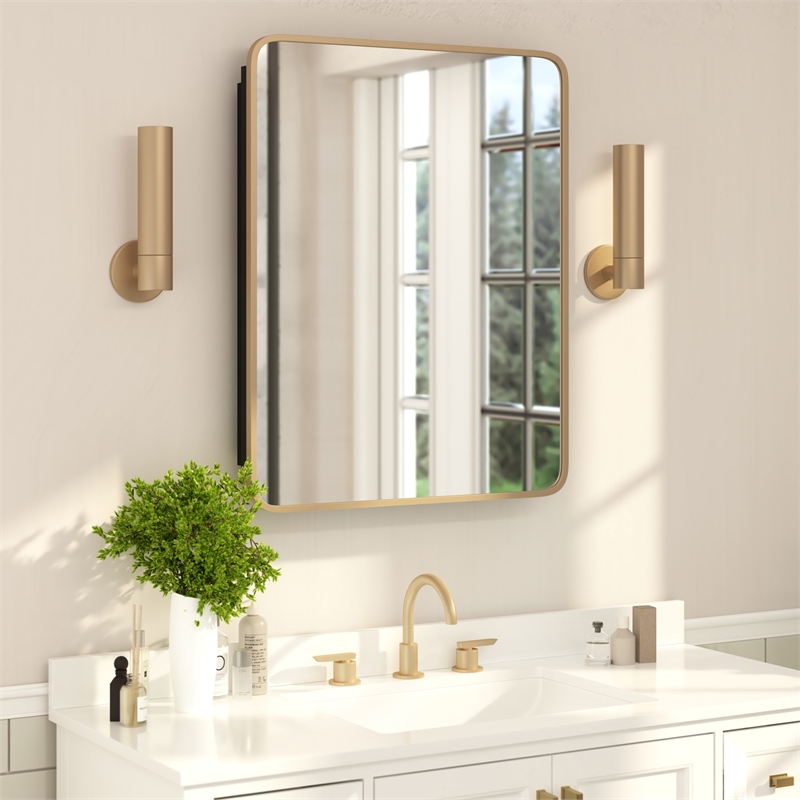 Pemberly Row 24x30 Recessed Bathroom Medicine Cabinet with Beveled Mirror - Gold
