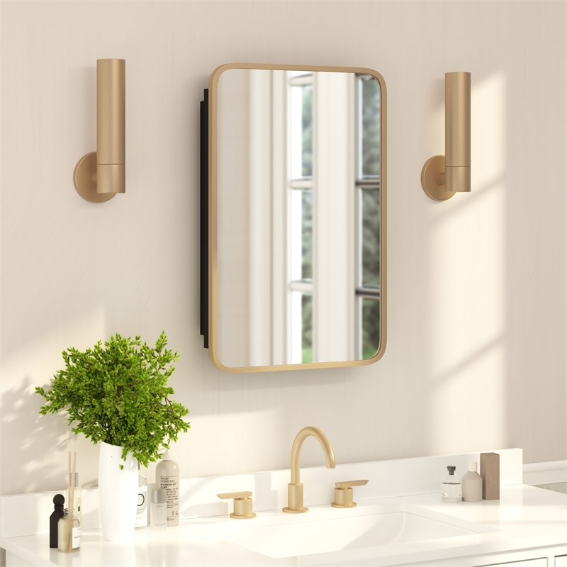 Pemberly Row 16x24 Recessed Bathroom Medicine Cabinet with Beveled Mirror - Gold