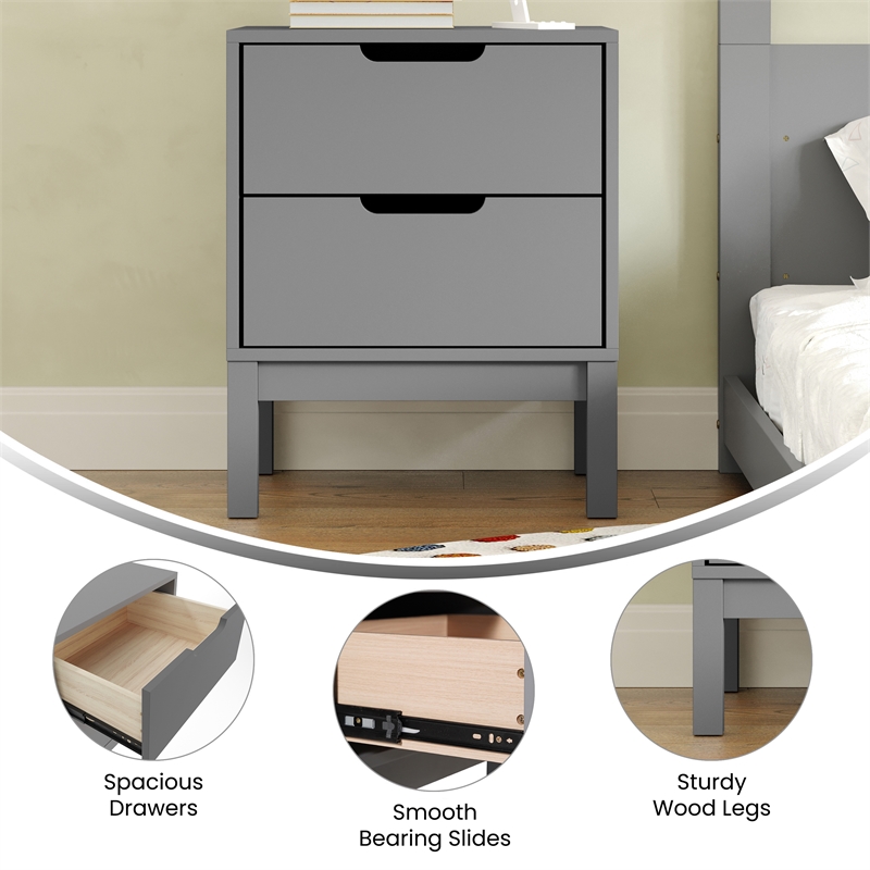 Pemberly Row Kids Solid Wood Nightstand with 2 Storage Drawers in Gray