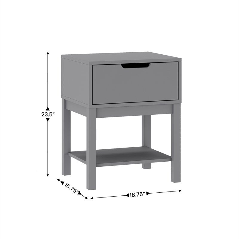 Pemberly Row Kids Nightstand with Storage Drawer and Shelf in Gray