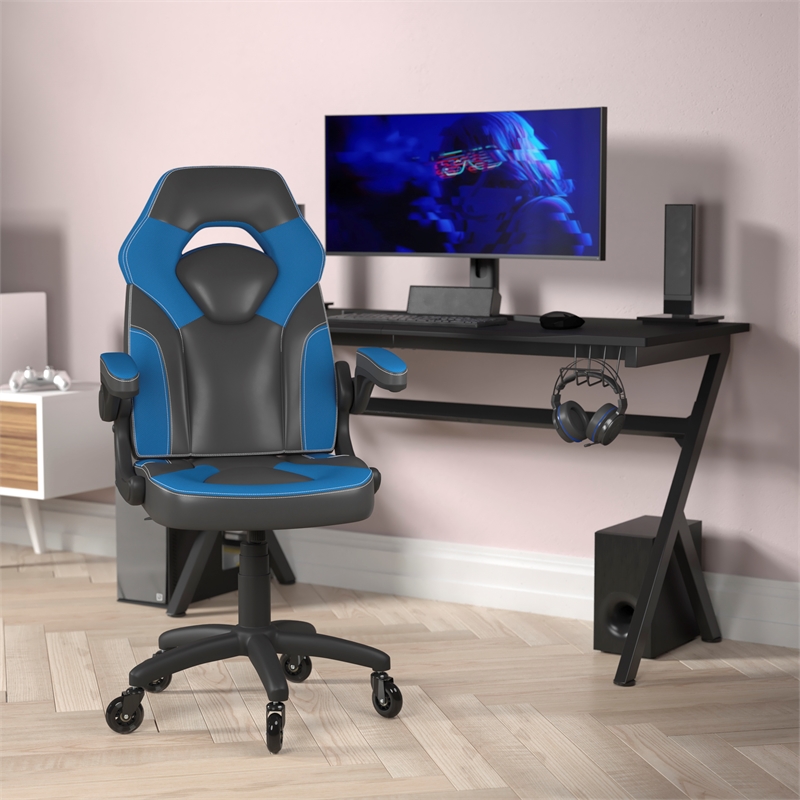 Pemberly Row Office Gaming Chair with Skater Wheels and Flip Up Arms in Blue