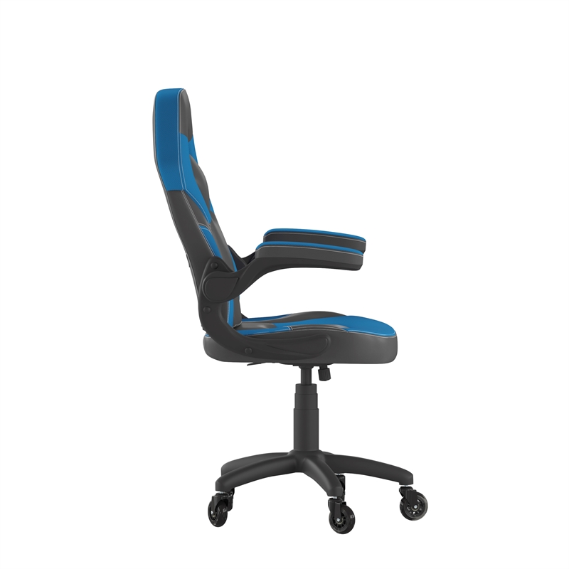 Pemberly Row Office Gaming Chair with Skater Wheels and Flip Up Arms in Blue
