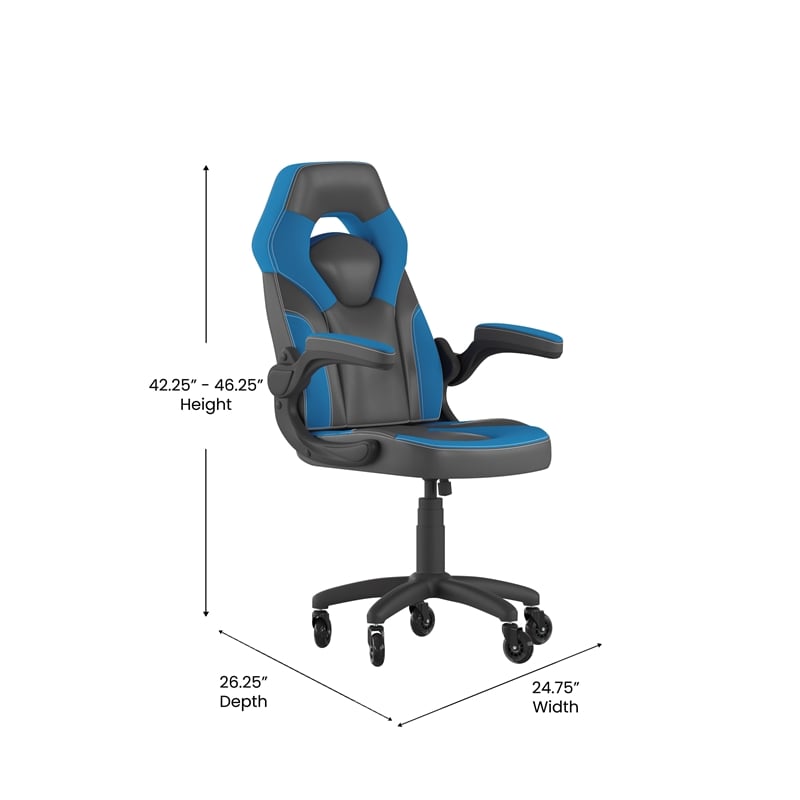 Pemberly Row Office Gaming Chair with Skater Wheels and Flip Up Arms in Blue