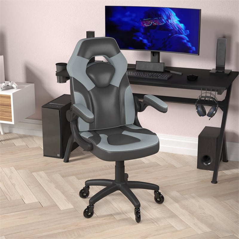 Pemberly Row Office Gaming Chair with Skater Wheels and Flip Up Arms in Gray