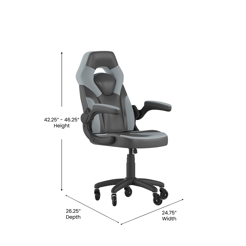 Pemberly Row Office Gaming Chair with Skater Wheels and Flip Up Arms in Gray