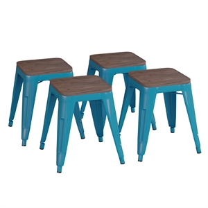 Pemberly Row Set of 4 18&quot Stackable Metal Stool with Wood Seat in Teal