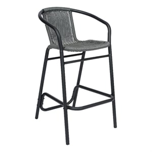 Pemberly Row Indoor/Outdoor Rattan Restaurant Barstool with Black Frame in Gray