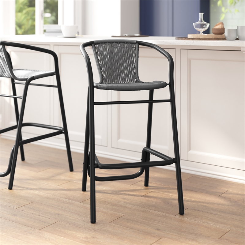 Pemberly Row Indoor/Outdoor Rattan Restaurant Barstool with Black Frame in Gray
