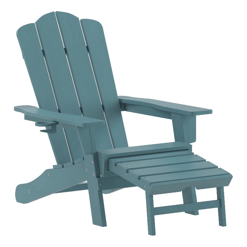 Pemberly Row Adirondack Chair with Pullout Ottoman & Cupholder in Blue