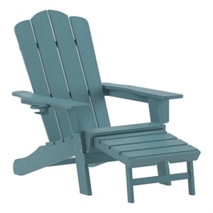 Pemberly Row Adirondack Chair with Pullout Ottoman & Cupholder in Blue