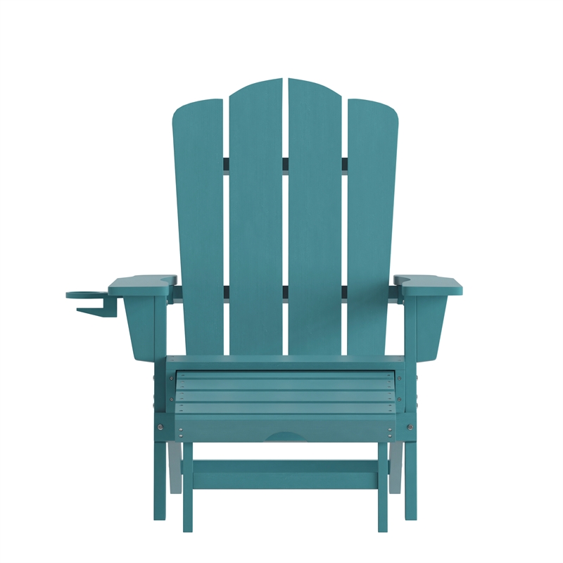 Pemberly Row Adirondack Chair with Pullout Ottoman & Cupholder in Blue