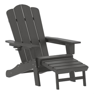 Pemberly Row Adirondack Chair with Pullout Ottoman & Cupholder in Gray