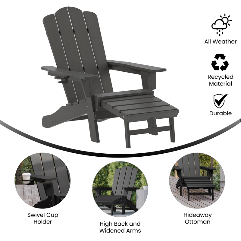 Pemberly Row Adirondack Chair with Pullout Ottoman & Cupholder in Gray