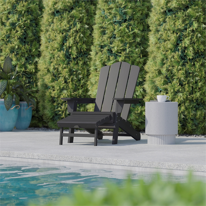 Pemberly Row Adirondack Chair with Pullout Ottoman & Cupholder in Gray