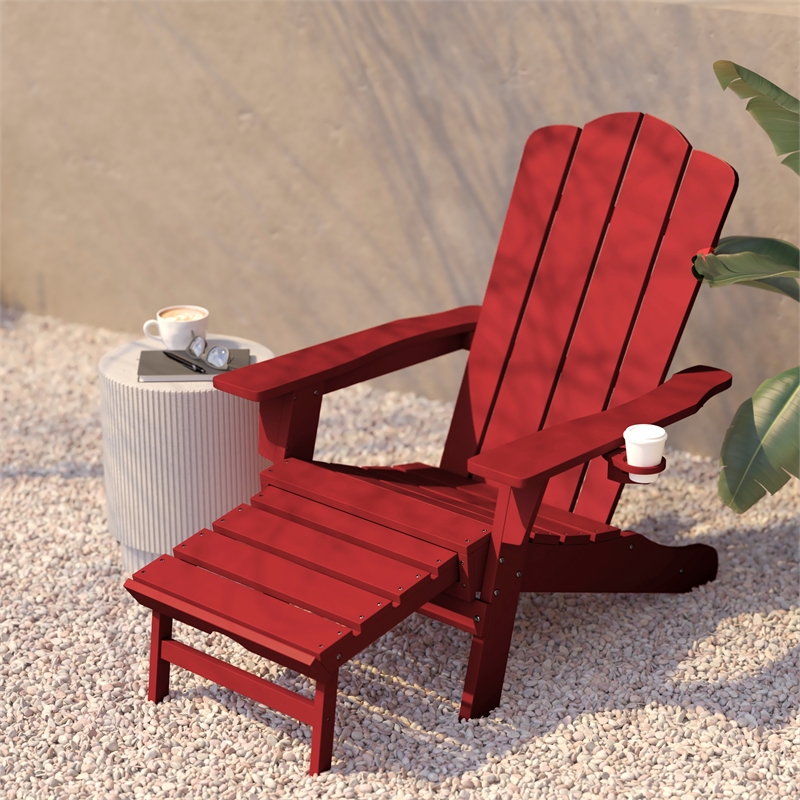 Pemberly Row Adirondack Chair with Pullout Ottoman & Cupholder in Red