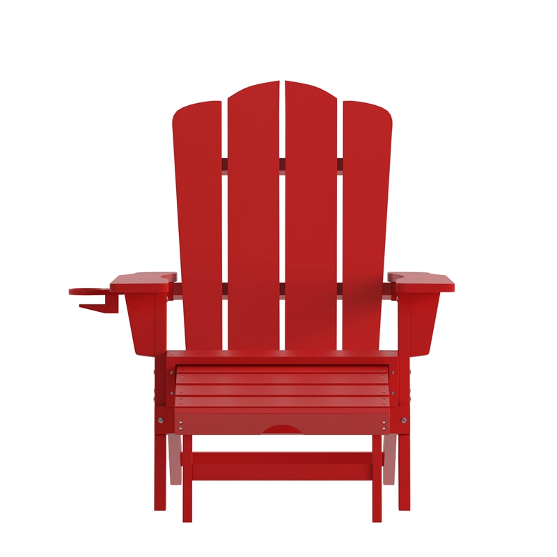 Pemberly Row Adirondack Chair with Pullout Ottoman & Cupholder in Red