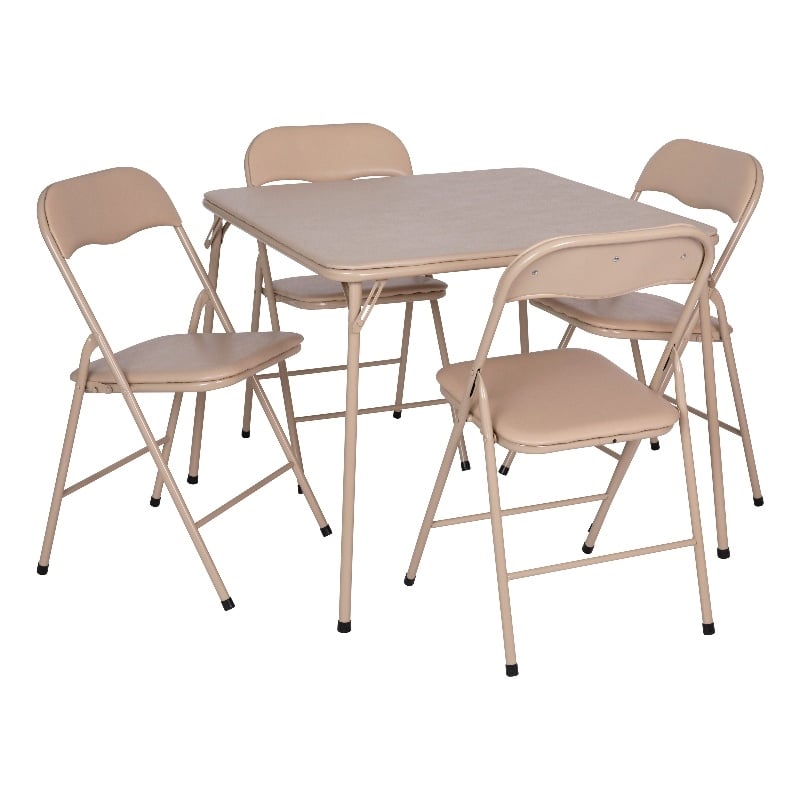 Pemberly Row 5 Piece Folding Card Table & Chair Set with Upholstered Top in Tan