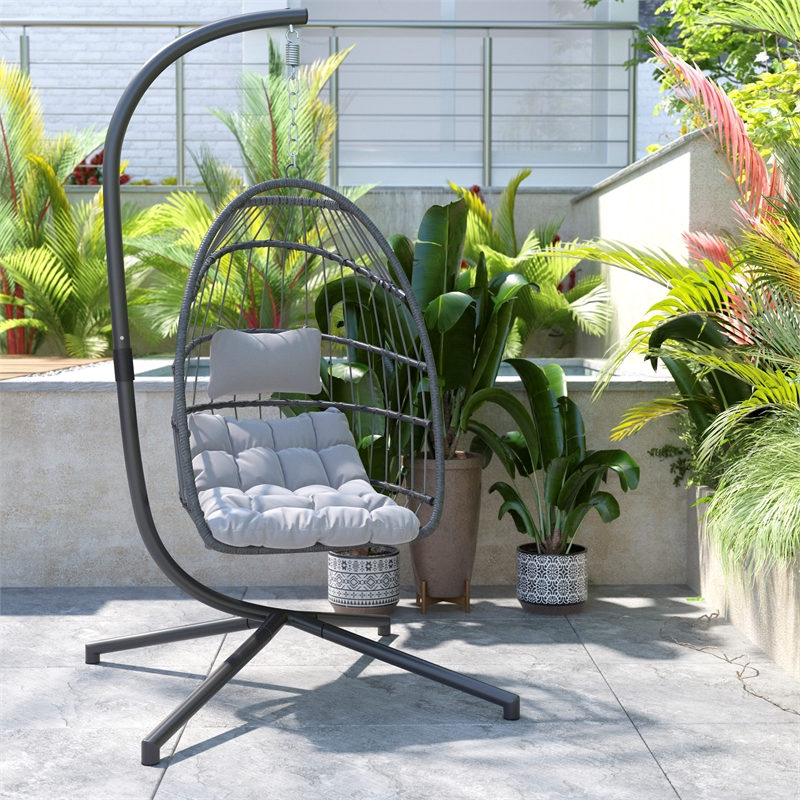 Pemberly Row Foldable Hanging Egg Chair with C-Stand and Cushions in Gray