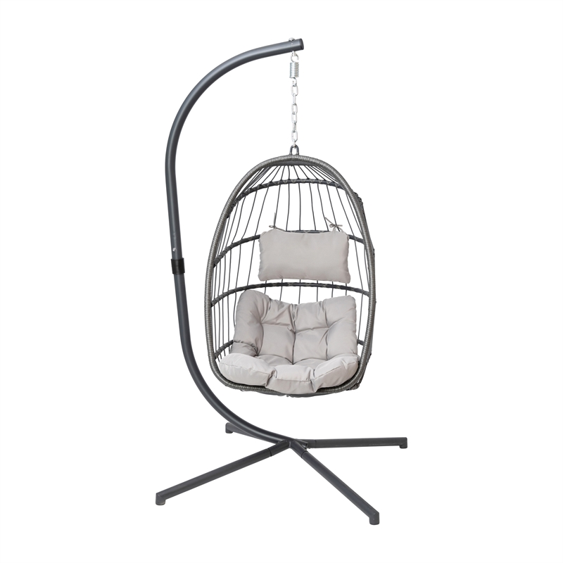 Pemberly Row Foldable Hanging Egg Chair with C-Stand and Cushions in Gray