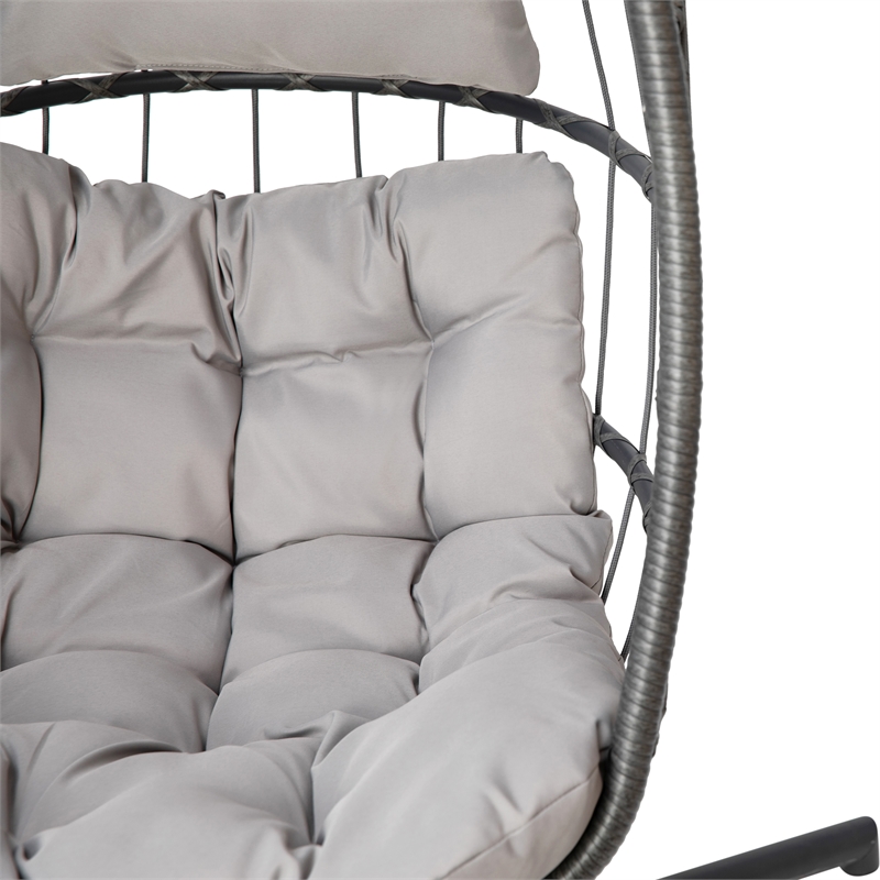 Pemberly Row Foldable Hanging Egg Chair with C-Stand and Cushions in Gray