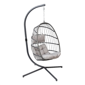 Pemberly Row Foldable Hanging Egg Chair with C-Stand and Cushions in Gray