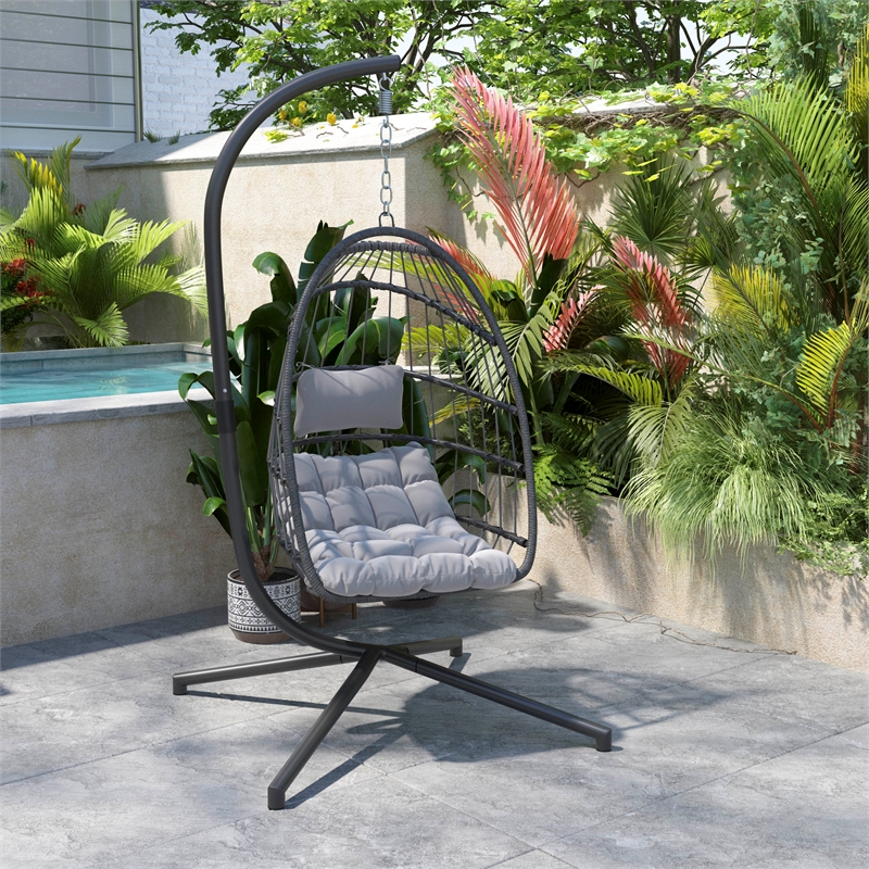 Pemberly Row Foldable Hanging Egg Chair with C-Stand and Cushions in Gray