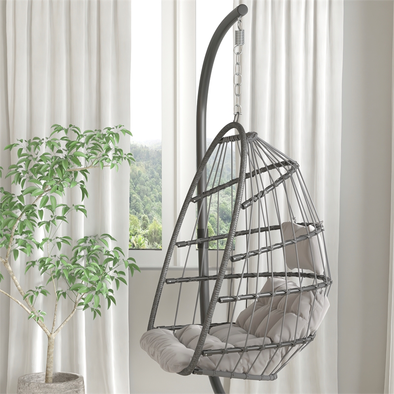 Pemberly Row Foldable Hanging Egg Chair with C-Stand and Cushions in Gray
