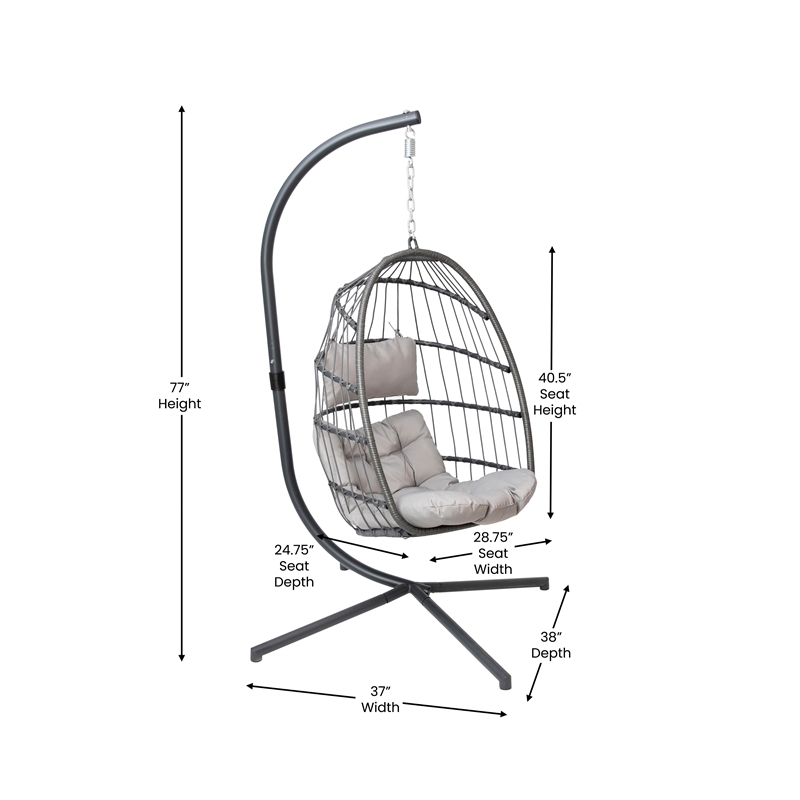 Pemberly Row Foldable Hanging Egg Chair with C-Stand and Cushions in Gray