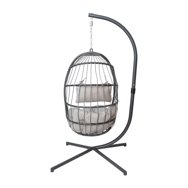 Pemberly Row Foldable Hanging Egg Chair with C-Stand and Cushions in Gray