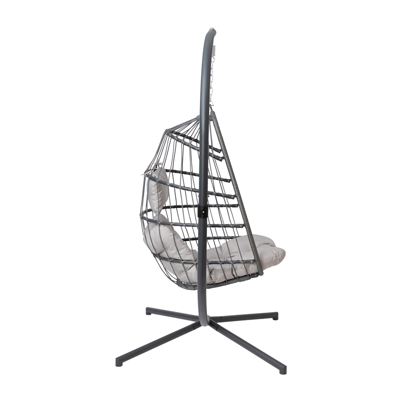 Pemberly Row Foldable Hanging Egg Chair with C-Stand and Cushions in Gray