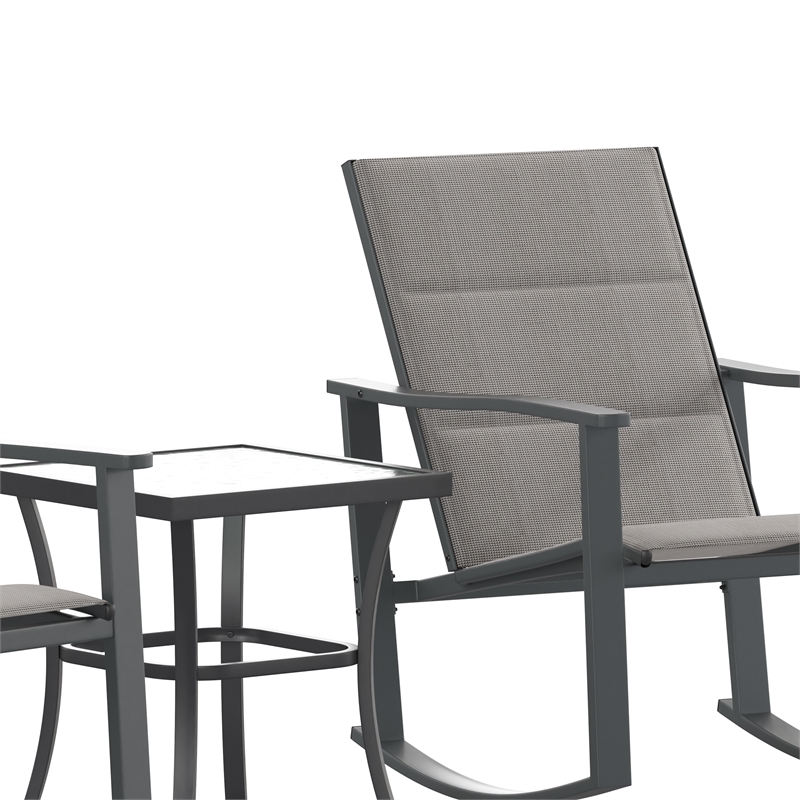 Pemberly Row 3 Piece Rocking Chair & Glass Top Table Set in Gray/Black