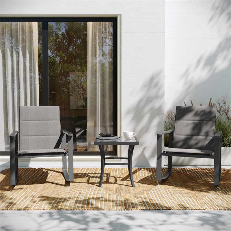 Pemberly Row 3 Piece Rocking Chair & Glass Top Table Set in Gray/Black