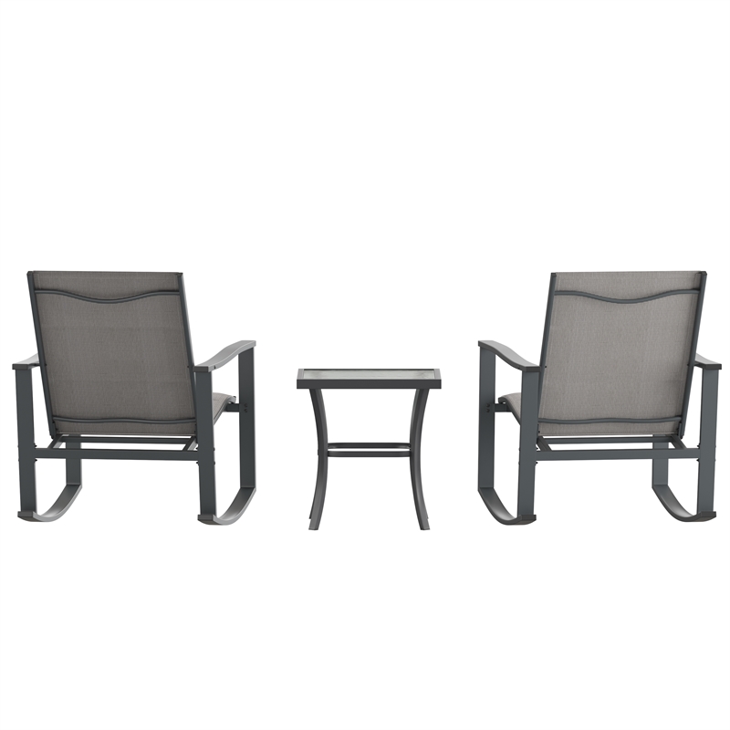Pemberly Row 3 Piece Rocking Chair & Glass Top Table Set in Gray/Black