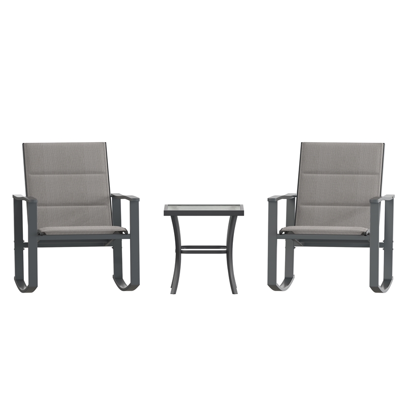 Pemberly Row 3 Piece Rocking Chair & Glass Top Table Set in Gray/Black