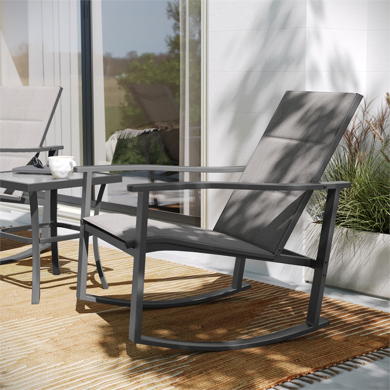 Pemberly Row 3 Piece Rocking Chair & Glass Top Table Set in Gray/Black
