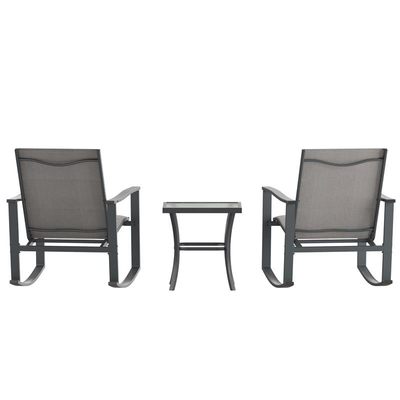 Pemberly Row 3 Piece Rocking Chair & Glass Top Table Set in Gray/Black