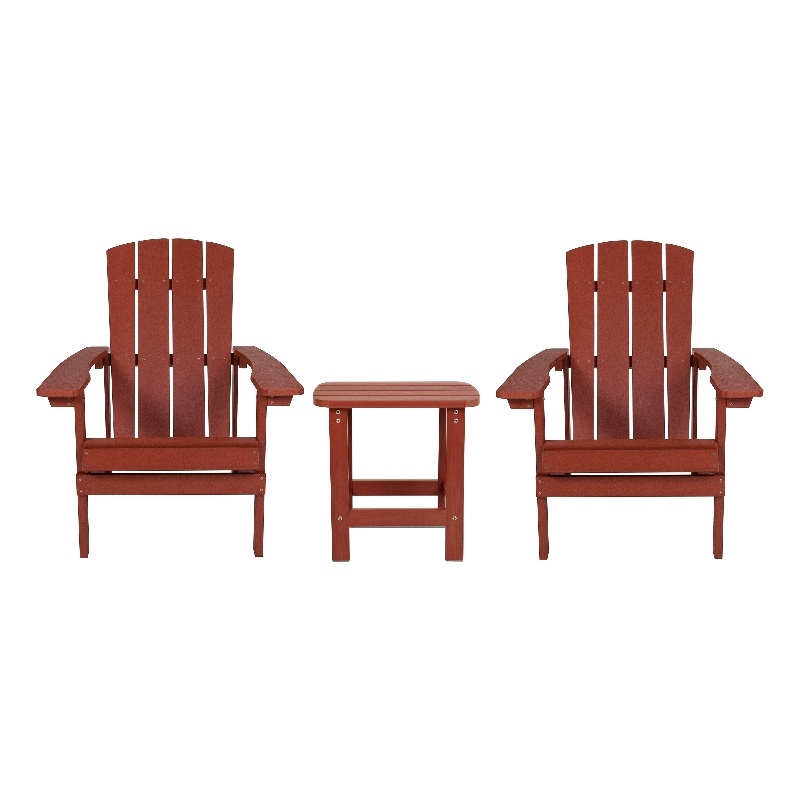 Pemberly Row Indoor/Outdoor Adirondack Side Table and 2 Chair Set in Red
