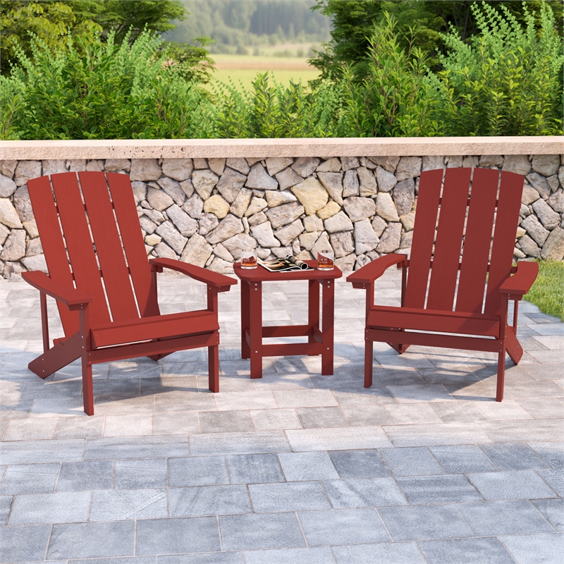 Pemberly Row Indoor/Outdoor Adirondack Side Table and 2 Chair Set in Red