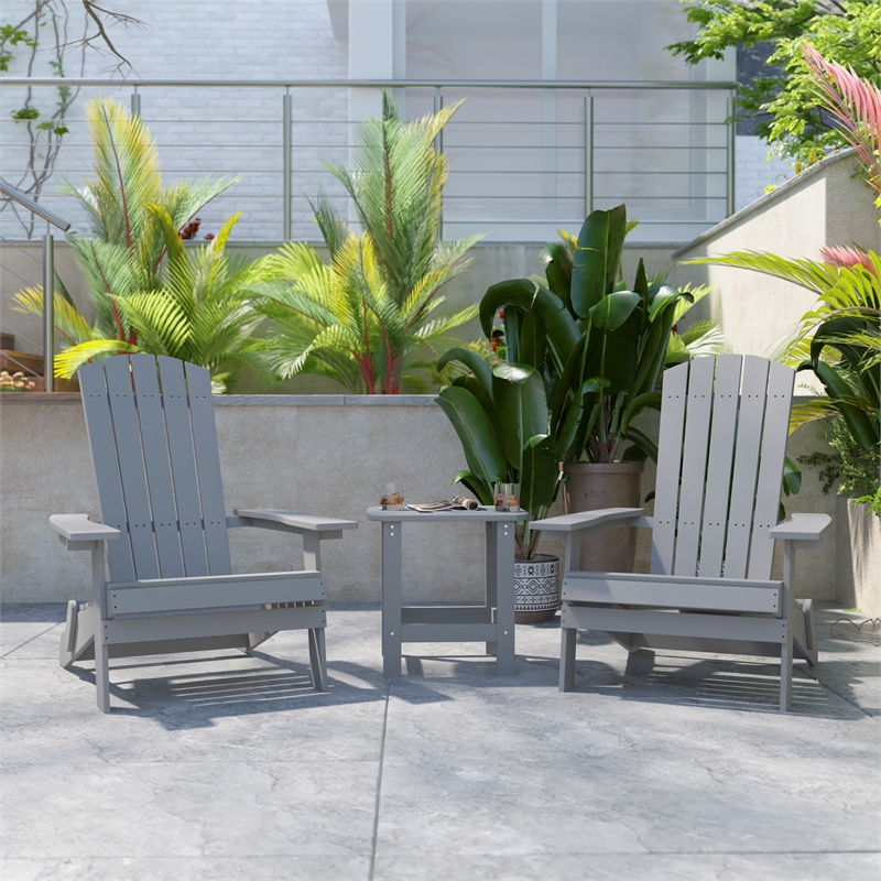 Pemberly Row Set of 2 Folding Adirondack Chairs with Side Table in Gray